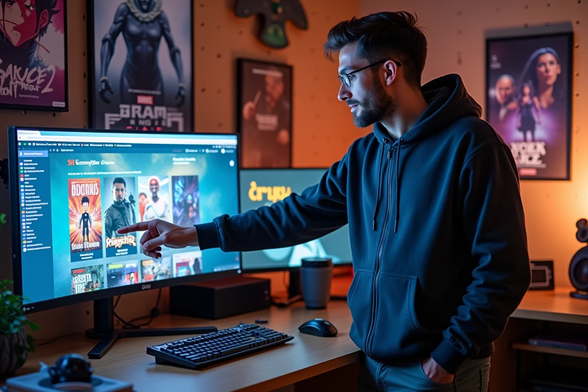 Homme utilisant une plateforme communautaire geek sur ordinateur dans une salle dédiée aux séries et mangas