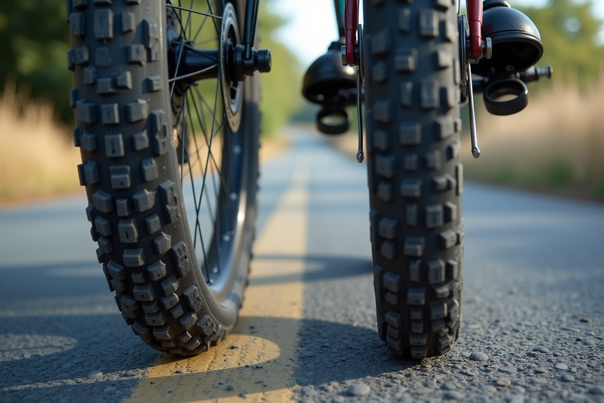 Deux pneus de vélo côte à côte sur la route avec différence de pression