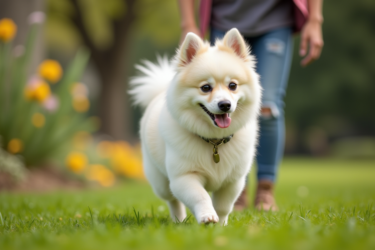 Chien Pomeranian blanc en promenade dans un parc urbain