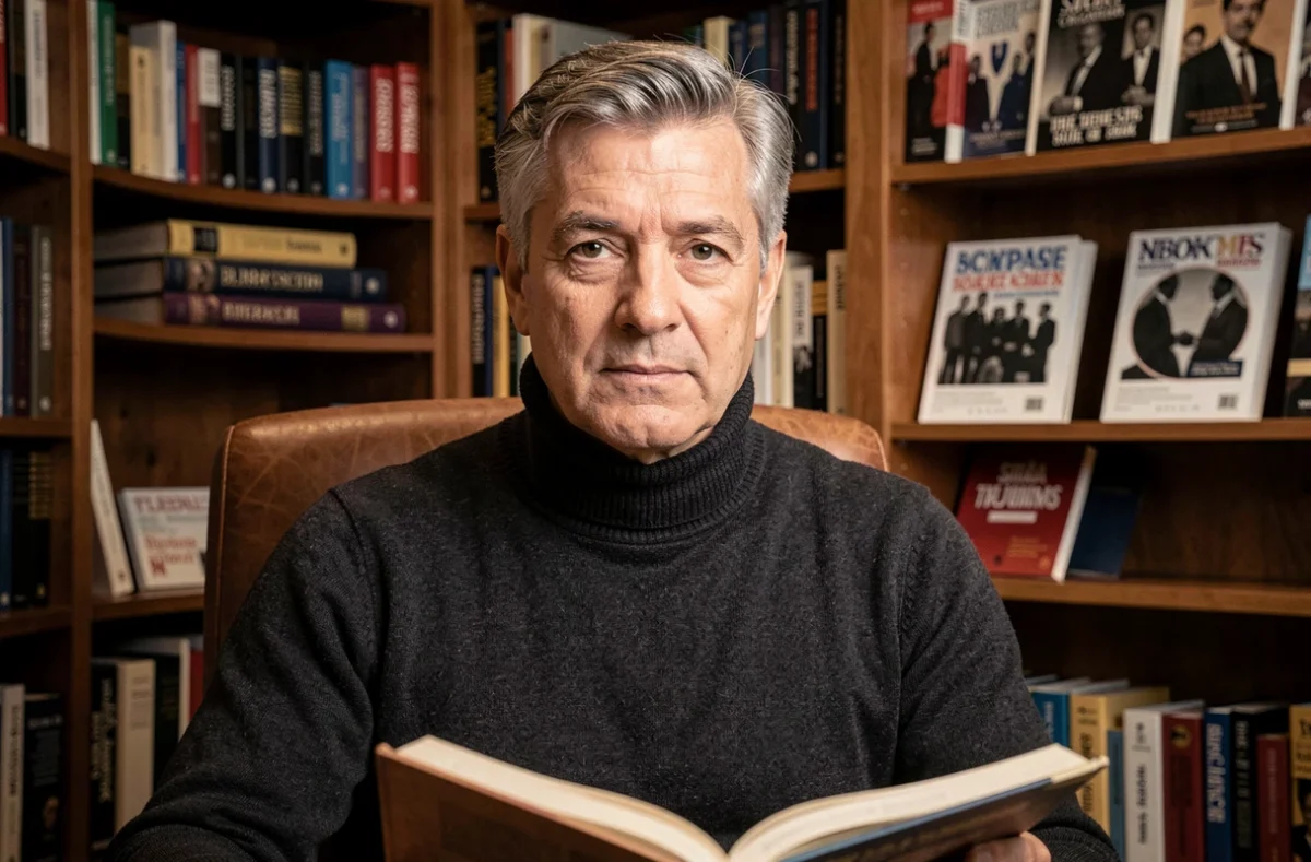 Portrait de journaliste culturel chevronné dans une bibliothèque privée, pull col roulé sombre, entouré de livres et d'archives cinématographiques