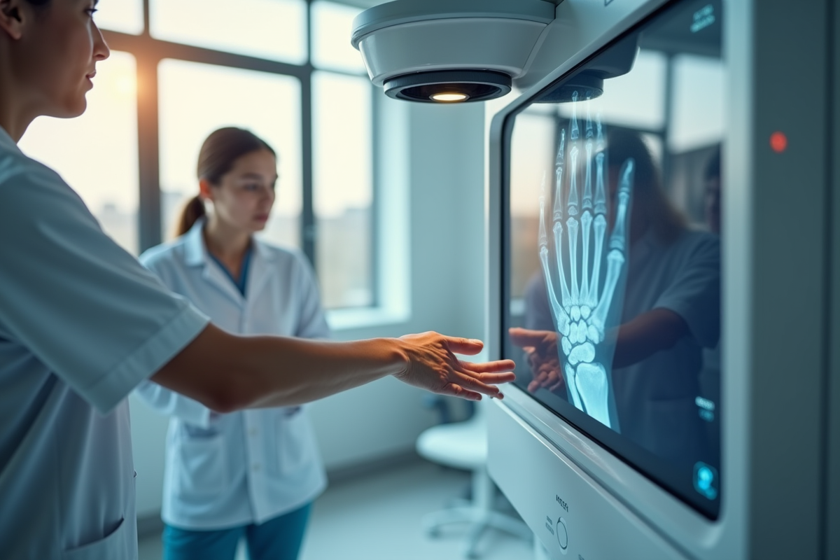 Prise de radiographie d une main sous un appareil numérique