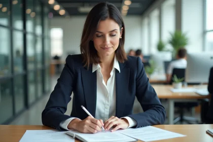 Femme cadre intermédiaire en blazer marine analysant des documents dans un bureau professionnel moderne, représentant les professions intermédiaires du groupe 4 PCS
