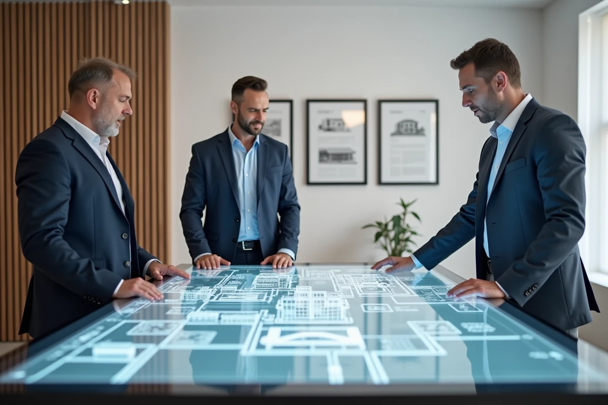 Professionnels de l'immobilier analysant un projet de développement résidentiel sur une table tactile interactive en agence