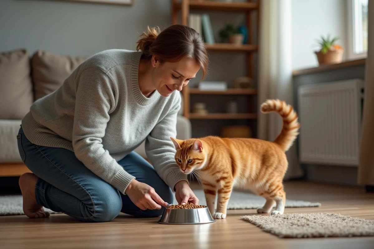 Propriétaire versant des croquettes adaptées à son chat stérilisé dans un salon chaleureux