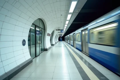 Quai moderne de la station de métro parisien ligne 14 avec portes palières automatiques et rame à quai