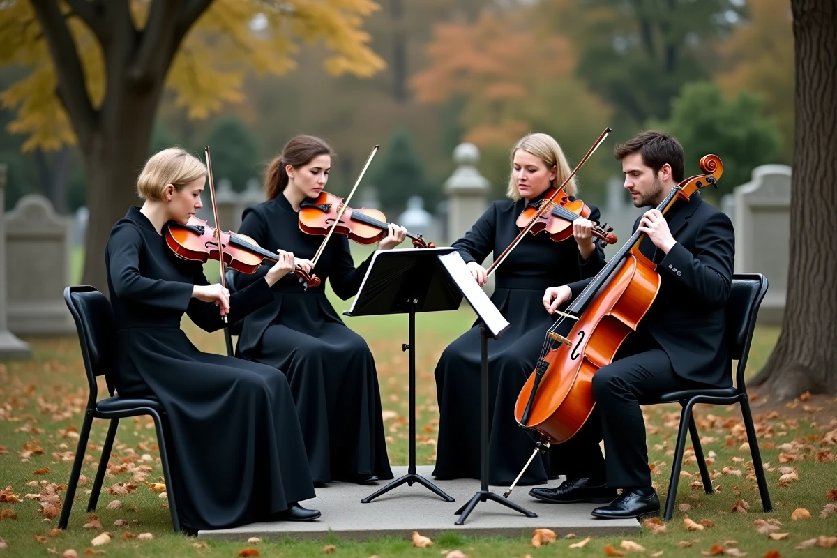 Quatuor à cordes jouant de la musique instrumentale dans un cimetière lors d'obsèques