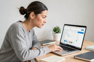 Femme configurant les réglages d'un site web sur son ordinateur portable dans un bureau à domicile moderne