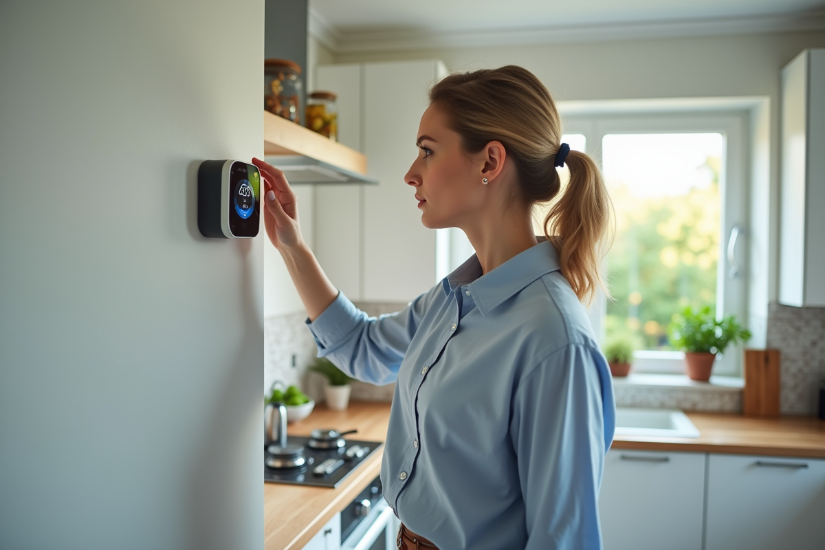Jeune femme ajustant un thermostat dans une cuisine lumineuse