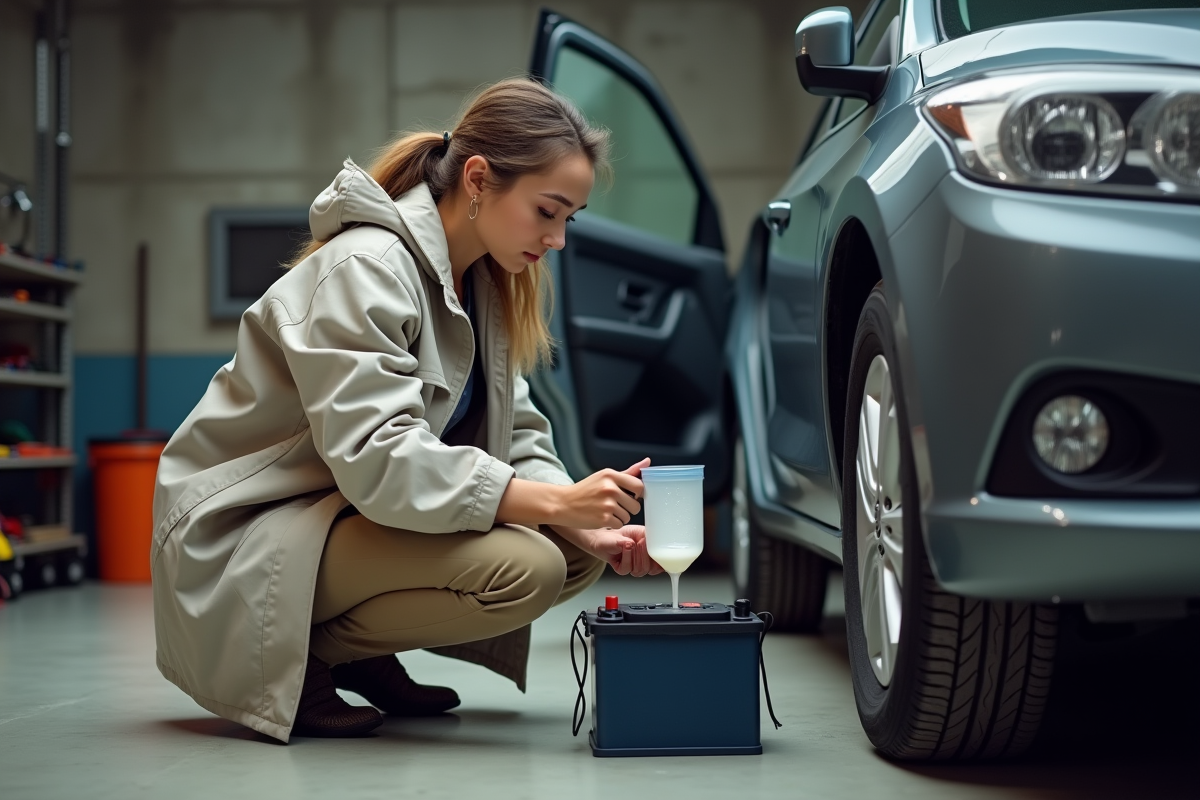 Femme remplissant une batterie de voiture dans un garage domestique