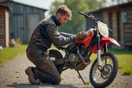 Jeune homme en combinaison de mécanique lubrifiant une chaîne de motocross