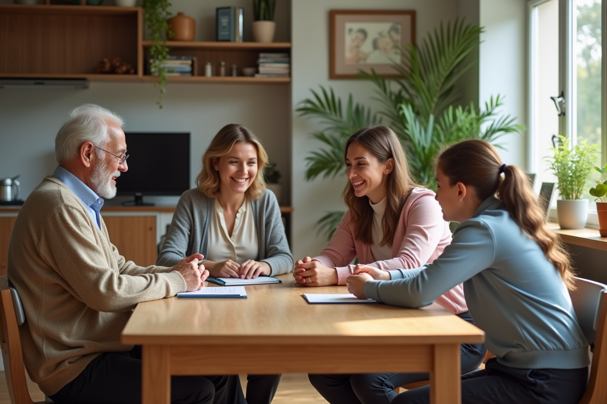 Groupe familial autour d'une table en discussion chaleureuse