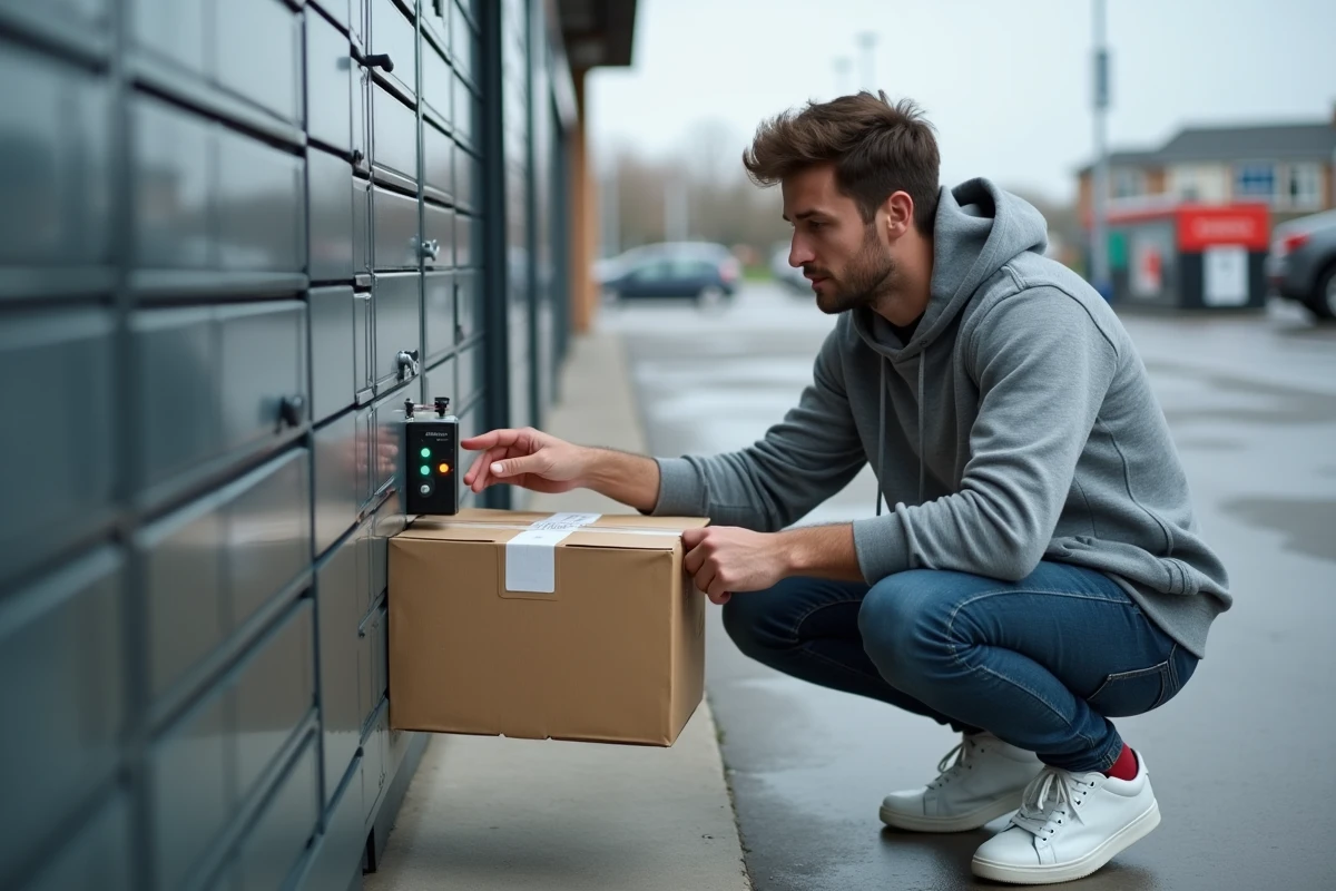 Homme récupérant un colis Vinted dans une consigne automatique locker en supermarché