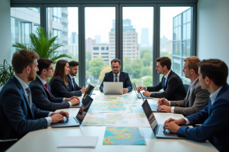 Réunion d'urbanisme avec experts et élus autour de cartes