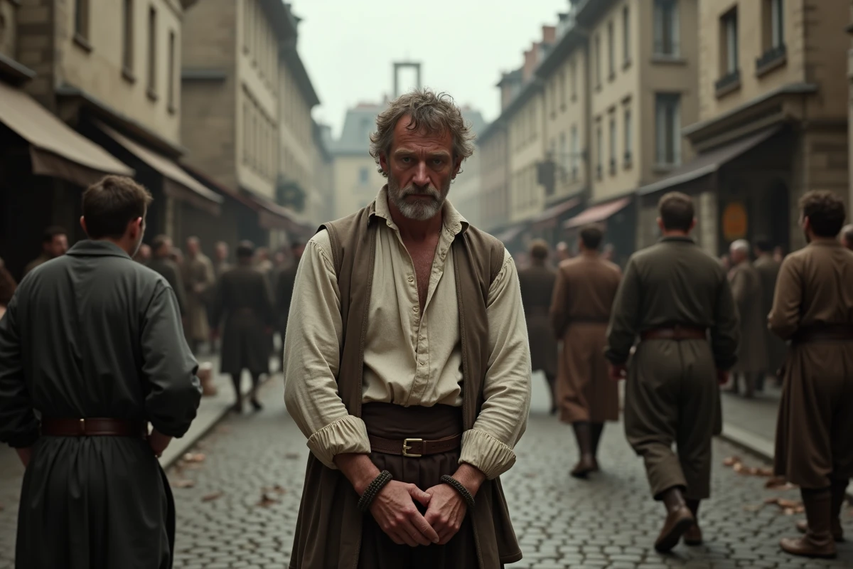 Homme du 18e siècle avec mains liées dans une rue révolutionnaire