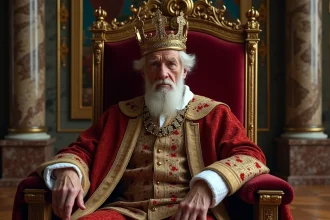 Roi français assis sur un trone richement orné en costume royal