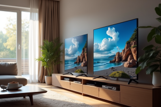 Salon moderne avec deux écrans 4K et 1080p lumineux