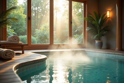 Spa intérieur luxueux avec vue sur jardin