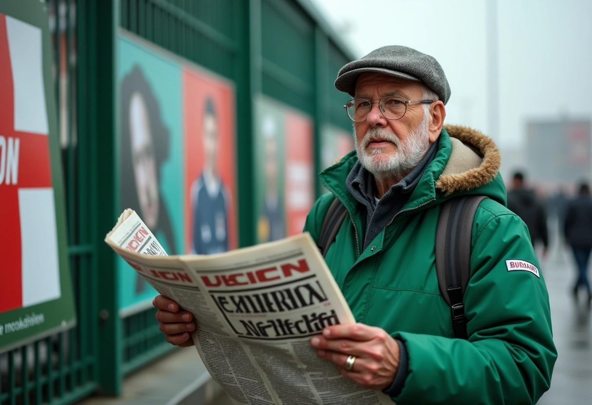 Supporter agee avec journal devant stade Pau