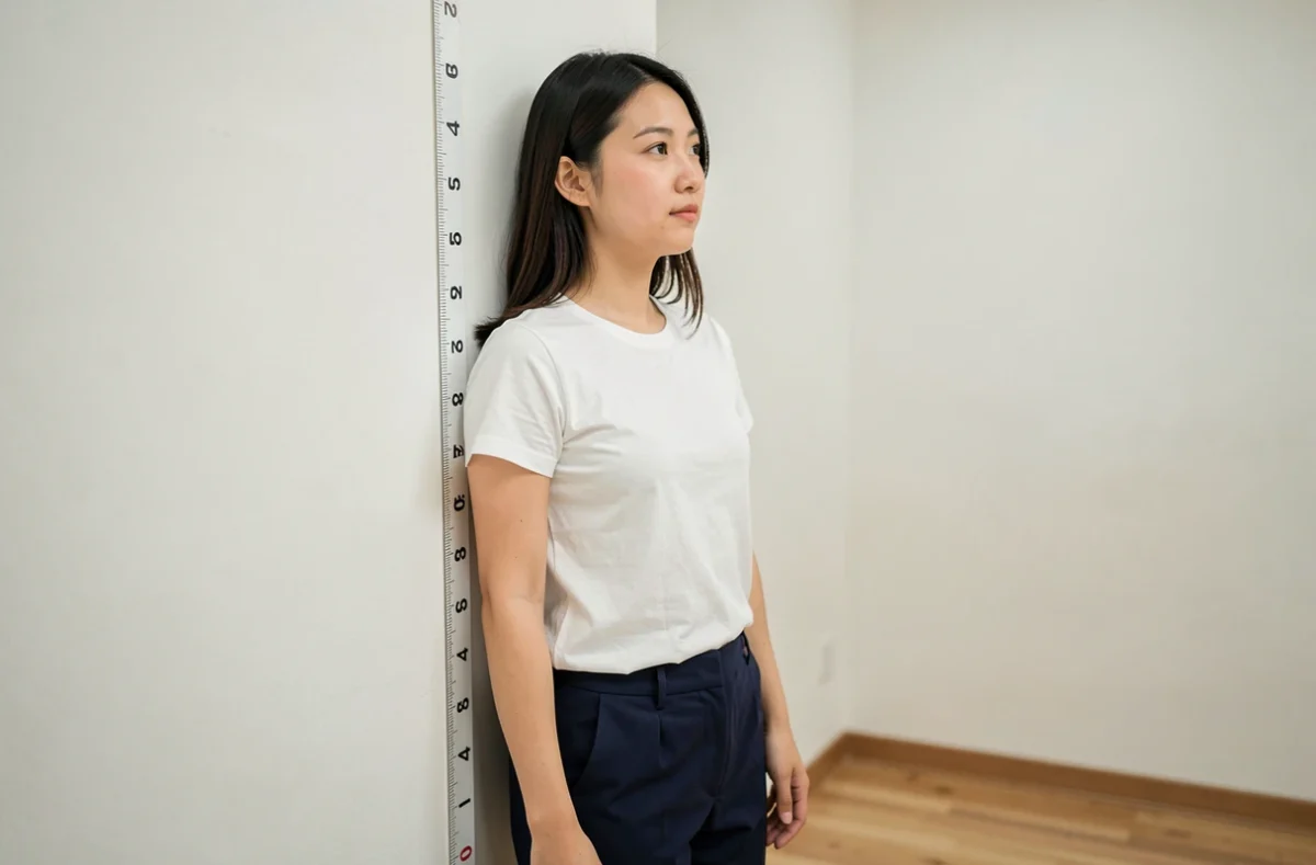 Jeune femme d'origine asiatique mesurée contre un mètre ruban illustrant la taille moyenne en Asie