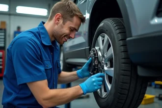 Mécanicien automobile installant des plaquettes de frein dans un atelier