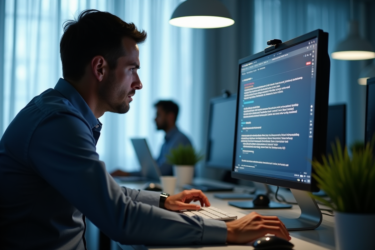 Technicien informatique sérieux vérifiant un message d'erreur sur un écran lumineux