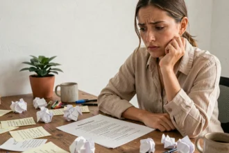 Femme frustrée devant une to-do list imprimée non remplie sur un bureau en bois encombré