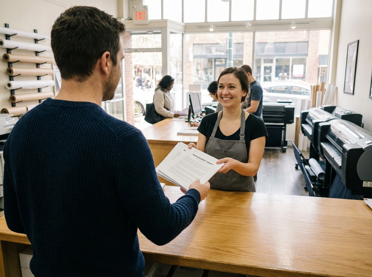 Jeune homme remettant un manuscrit à un employé de l