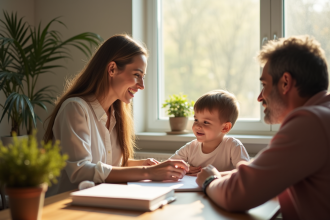 Travailleur social parlant avec un enfant dans un bureau lumineux