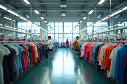 Intérieur d'une usine de vêtements moderne avec machines automatisées et ouvriers