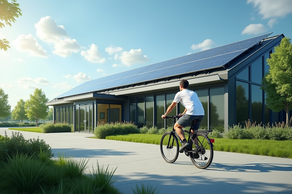 Employé à vélo vers un bâtiment solaire écologique