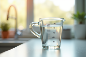 Verre mesure de 350 ml rempli d'eau sur plan de cuisine lumineux