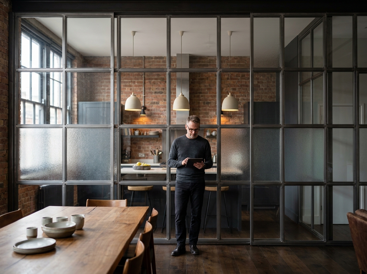 Verrière vitrée à structure métallique noire séparant la salle à manger de la cuisine dans un loft urbain