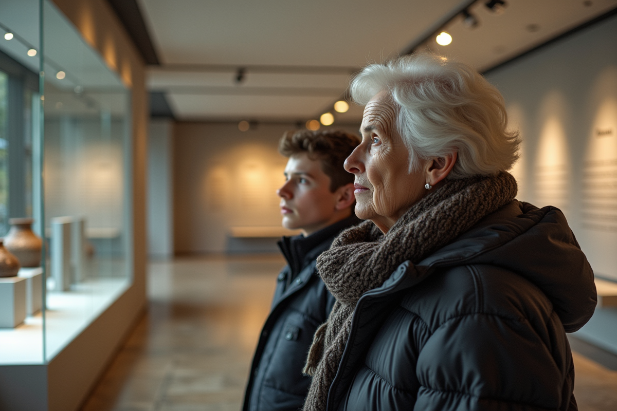 Une femme âgée et un adolescent regardant des artefacts au musée