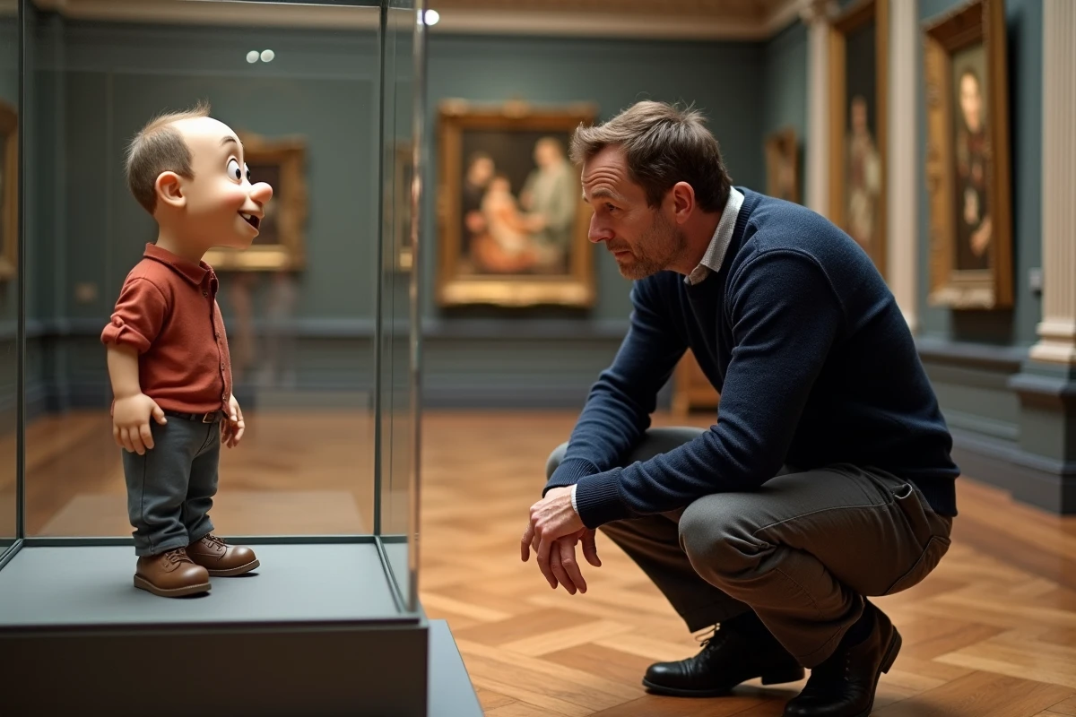 Homme examinant une sculpture de personnage Pixar dans une galerie parisienne lors de l'exposition