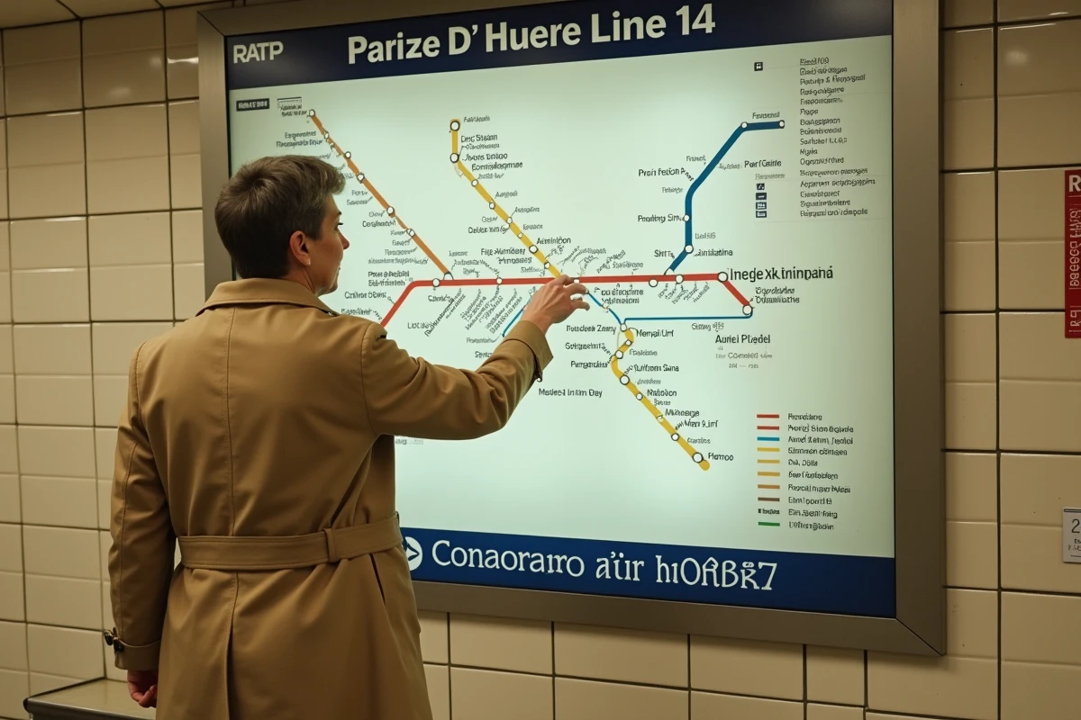 Voyageuse consultant le plan mis à jour de la ligne 14 du métro parisien affiché dans le couloir d'une station