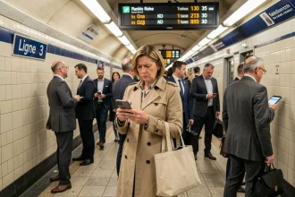 Voyageuse consultant son téléphone sur le quai de la ligne 3 du métro parisien en cas de perturbation