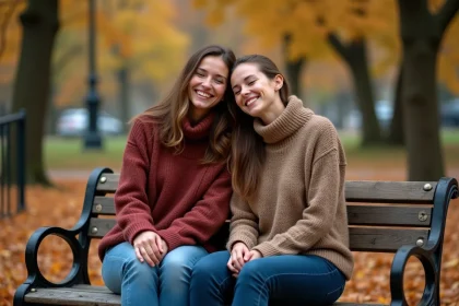 Deux amies complices riant ensemble sur un banc de parc en automne, illustrant la complicité silencieuse des vraies amitiés